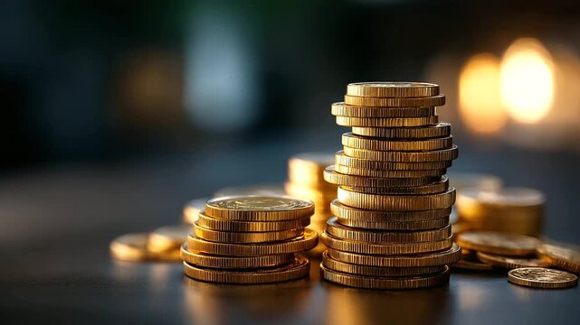 Rising coins stack visualization financial growth wealth accumulation money increase savings growth investment returns economic prosperity financial success with copy space