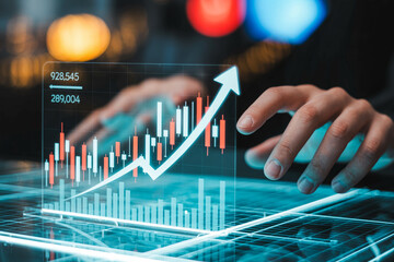 Hands Analyzing Digital Financial Graph with Upward Trend and Data Bars finance business