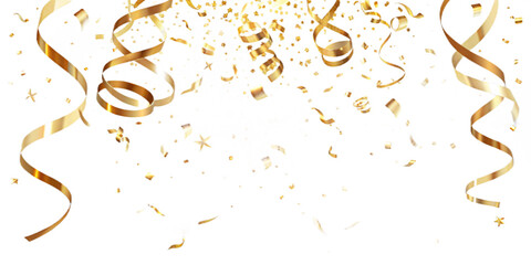 Shiny golden confetti and spiraling metallic streamers falling, festive celebration design.