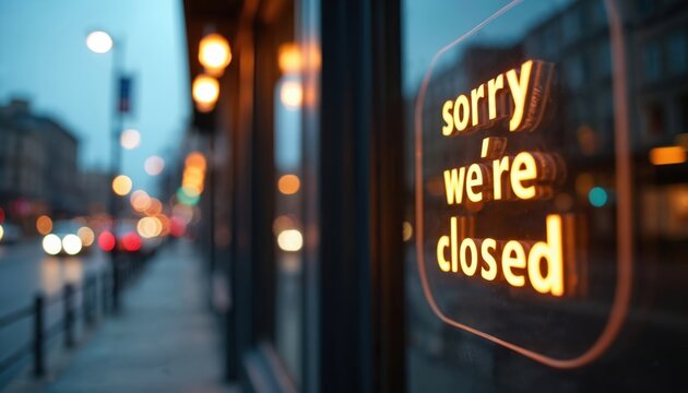 Illuminated sorry were closed sign glows. Text is displayed in store window. Urban street with lights is visible. Closure message on window during night depicts business challenges.