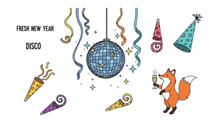 New Year's Eve Celebration: Festive scene with a disco ball, streamers, party hats, party poppers and a fox holding a champagne glass, capturing the joyous spirit of a new year.