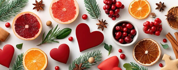 Christmas flat lay with red hearts stars cookies citrus berries and cinnamon sticks for festive home decor