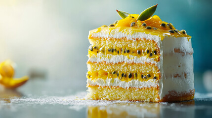 Close-up of an exotic mango passion fruit cake featuring tropical mousse and sponge layers, topped with a glossy mango glaze and fresh passion fruit seeds in bright natural daylight
