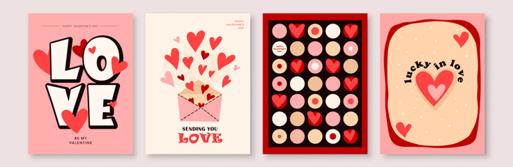 Love background set vector illustration. Happy Valentines Day cards with hearts, typography greeting text, romantic geometric retro pattern. Invitation abstract design in minimal art modern style