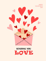 Fototapeta premium Love background vector illustration. Happy Valentines Day card with hearts, typography greeting text, envelope sending you love. Invitation abstract design in minimal art modern style