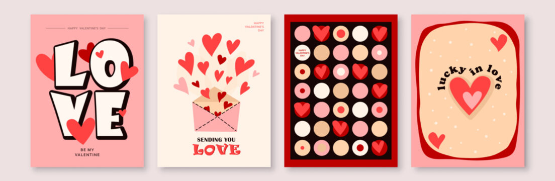Love background set vector illustration. Happy Valentines Day cards with hearts, typography greeting text, romantic geometric retro pattern. Invitation abstract design in minimal art modern style
