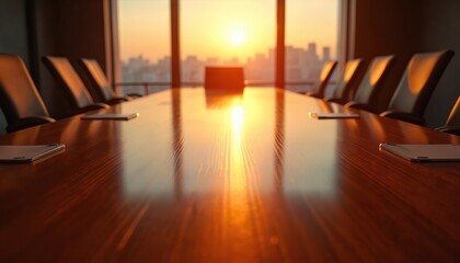 Empty modern office boardroom glows with warm golden light from sunrise sunset. Long glossy conference table, many chairs await global business executives. City skyline view outside large window,