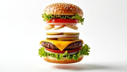 Deconstructed burger layers float midair on clean white studio background. Sesame seed bun, juicy beef patty, melted cheese, fresh lettuce, red tomato, white onion, green pickles hover. Exploded