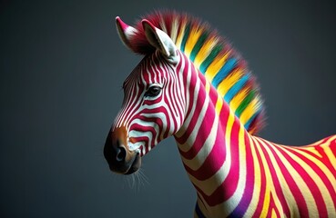 A zebra with rainbow-colored stripes stands against a plain gray background. Its mane features bright red, yellow, blue, and green hues. The animal exhibits vibrant pink and white body markings.