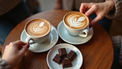 Two cups of coffee with latte art, chocolate pieces sit on wooden table. Hands reach for beverages, enjoying sweet moment together. This scene suggests warmth, relaxation during casual meetup at cafe.