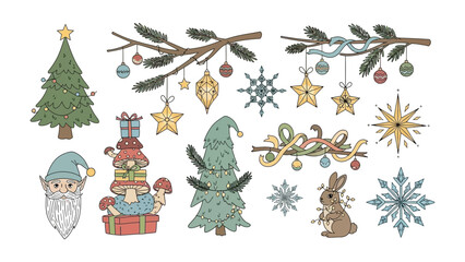 Festive Collection of Christmas Embellishments:  A delightful array of holiday elements, from whimsical trees adorned with ornaments to playful snow flakes, creating a scene of holiday cheer.