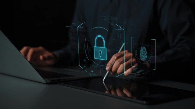 Digital cyber security lock system highlighting data security encryption, cyber password protection, fingerprint ID, cloud storage safety, and cyber security for online access Marrow