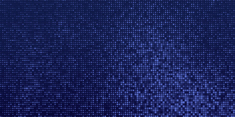 Digital pixel glitch background. Blue squares on dark gradient. Business or technology backdrop. Data, sci-fi, or futuristic design template. Abstract science banner. Vector Illustration. © Dul