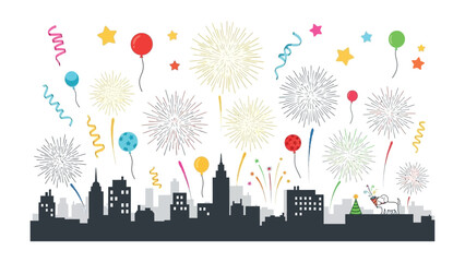 City Fireworks Extravaganza: A vibrant display of fireworks illuminates the city skyline, celebrating a momentous occasion with colorful explosions and joyful streamers.