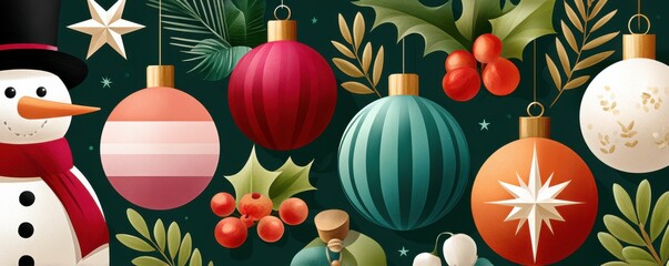 Festive Christmas ornaments and holiday decorations with snowman, berries, apple, and star
