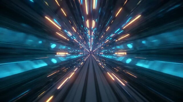 Futuristic data tunnel with streaking light beams in motion  