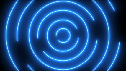 Blue abstract neon concentric circles glowing with bright curved light rings on a dark background - Powered by Adobe