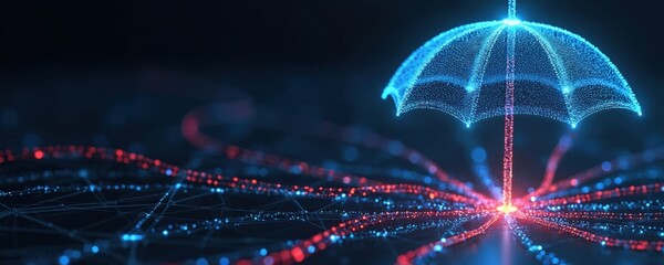 Glowing blue umbrella protects network. Digital shield safeguards data streams from red threads. Cyber security concept for online safety, encryption, firewall, virus protection against hacking,