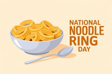 Illustration of national noodle ring day celebration with bowl of cereal rings and spoon, isolated on white background