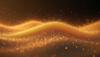 Golden particles form shiny wave on dark background. Glittering dust sand flows like magic in wind. Abstract tech concept of energy, luxury, festive celebration. Bokeh lights create sparkling pattern.