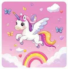 Cute Flying Unicorn with Rainbow Cartoon Illustration