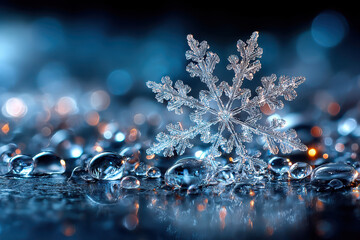 Closeup of snowflake on water droplets with bokeh