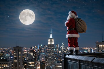 Santa claus overlooking city rooftop at night with full moon and cityscape