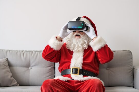 Santa claus wearing vr headset on couch experiencing virtual reality