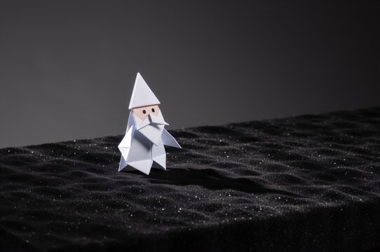 Origami wizard on textured surface with dark background