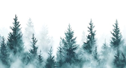 Fototapeta premium Misty Watercolor Pine Forest Landscape