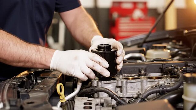 Mechanic holding new oil filter during car engine maintenance service