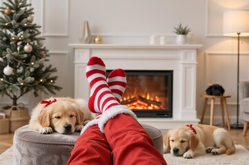 Relaxing holiday scene with fluffy puppies and festive decor by fireplace