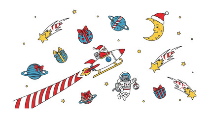 Santa's Galactic Journey: Santa Claus joyfully pilots a festive rocket ship through a whimsical cosmos adorned with shooting stars, gift, and a crescent moon. © Rokaiya