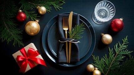 Elegant holiday dinner place setting with gold cutlery, dark plates, festive ornaments, and a wrapped gift for Christmas celebration