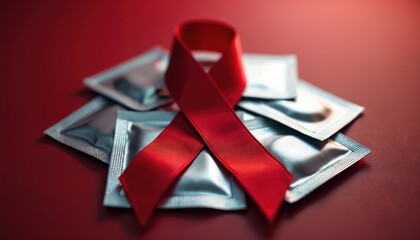Red ribbon lies on silver condom packs. Image represents HIV AIDS awareness, safe sex, prevention methods. Promotes public health education, sexual health, protection against STDs, responsible