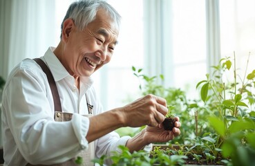 Smiling senior Asian man tending indoor garden with joy. Carefully plants seedlings in pot surrounded by greenery. Image captures peaceful retirement activities, fulfilling hobbies for older adults.