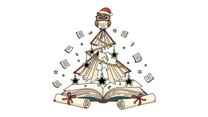 Christmas Storybook Tree: A whimsical Christmas tree is creatively constructed from open storybooks, adorned with a festive owl, and shimmering embellishments.