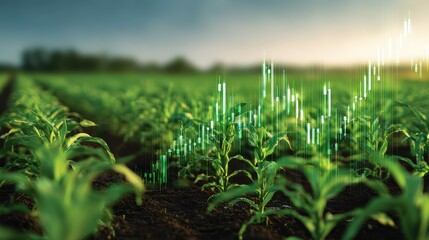 green crops and financial symbols like a growing graph overlaid with a blurred background of a farmland landscape