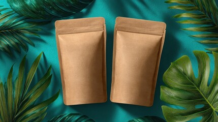 two kraft paper coffee pouches surrounded by tropical leaves on a teal background