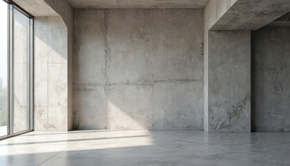 Modern minimalist interior photo presents concrete walls and floor. Architectural design features large window letting natural light. Empty space creates a stylish background for various concepts.