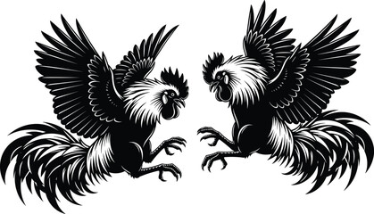 Two roosters in combat stance, aggressive posture, black silhouette, cockfight scene, dynamic feathers, traditional animal fight, bold contrast, cultural icon, vector illustration © MDMUNTASSER