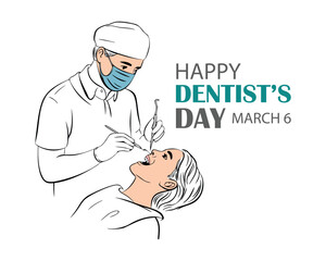 Dentists day simple vector illustration with doctor and patient. One continuous line art drawing background, banner, poster for dentists day celebration.