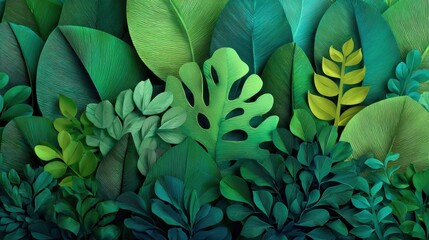 Fototapeta premium lush green paper leaves backdrop with layered textures in various shades of green creating a vibrant organic feel across the horizontal composition