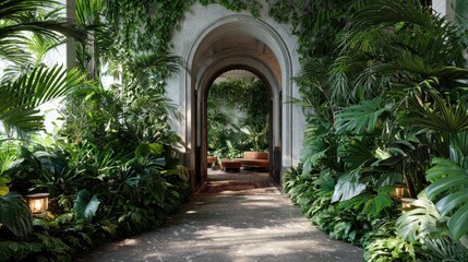 Obraz premium an arched doorway leads into a lush indoor tropical garden space