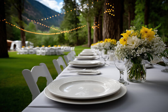 Outdoor event setup with tables and flowers in a scenic location