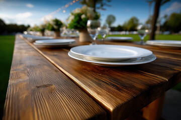 Table set with plates and glasses for a gathering outside in the park