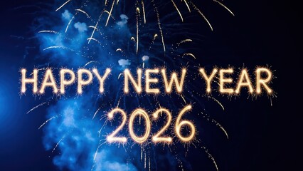 happy new year, new year's eve, silvester, new year, sparklers celebration greeting card, new year card - Year 2026 in sparkler font and firework fireworks pyrotechnic, on blue night sky background