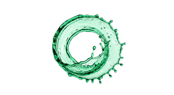 ultra close-up macro of violently splashing, hyper-detailed emerald green liquid frozen in a perfect toroidal wave structure with thousands of sharp micro-droplets, isolated against a transparent