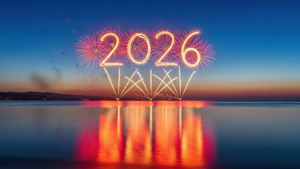 happy new year, new year's eve, silvester, new year, sparklers celebration greeting card, new year card - Year 2026 in sparkler font and firework fireworks pyrotechnic, on blue night sky background