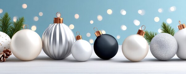 Festive Christmas ornaments and pine cones on a white wooden surface with a bokeh background